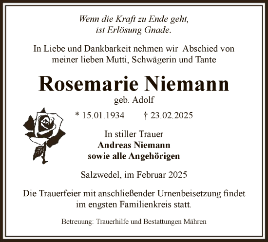 Todesanzeige von Rosemarie Niemann von UEL