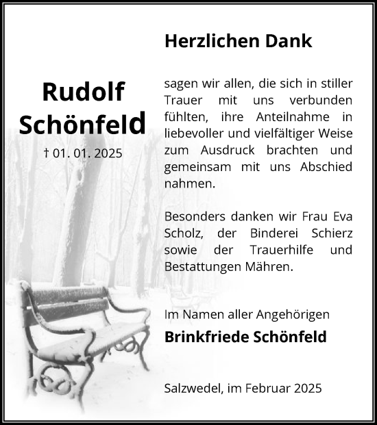 Todesanzeige von Rudolf Schönfeld von UEL