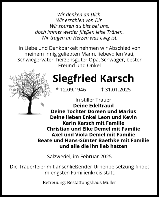 Todesanzeige von Siegfried Karsch von UEL