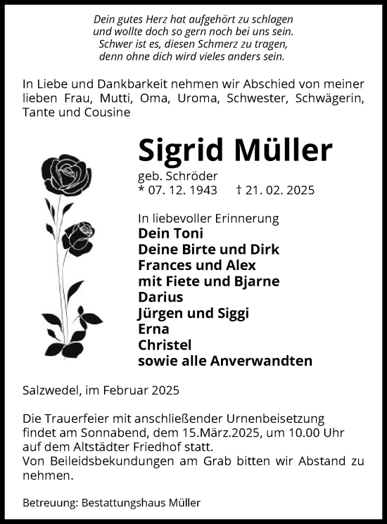 Todesanzeige von Sigrid Müller von UEL