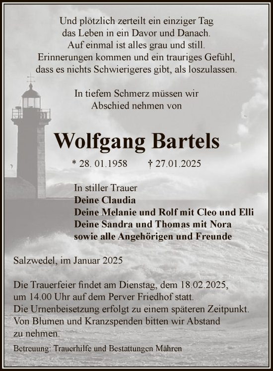 Todesanzeige von Wolfgang Bartels von UEL