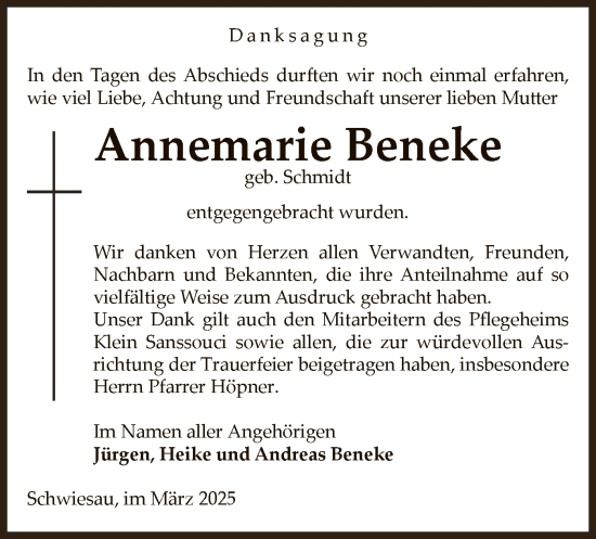 Todesanzeige von Annemarie Beneke von UEL