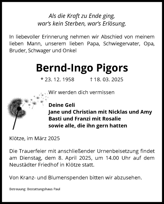 Todesanzeige von Bernd-Ingo Pigors von UEL