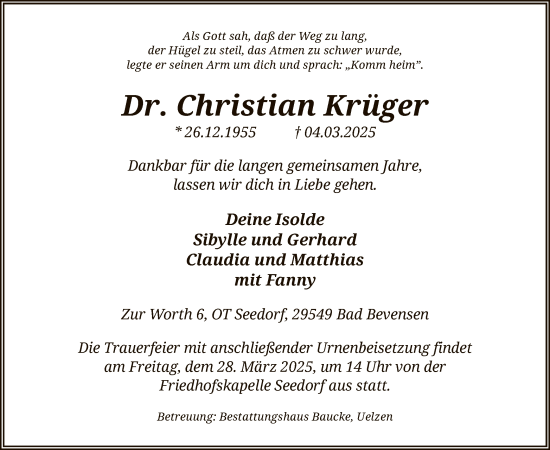 Todesanzeige von Christian Krüger von UEL