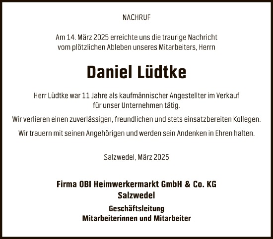 Todesanzeige von Daniel Lüdtke von UEL