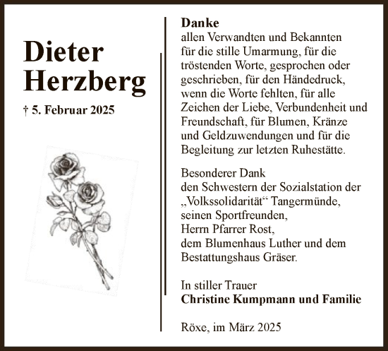 Todesanzeige von Dieter Herzberg von UEL