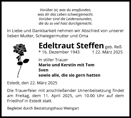 Todesanzeige von Edeltraut Steffen von UEL