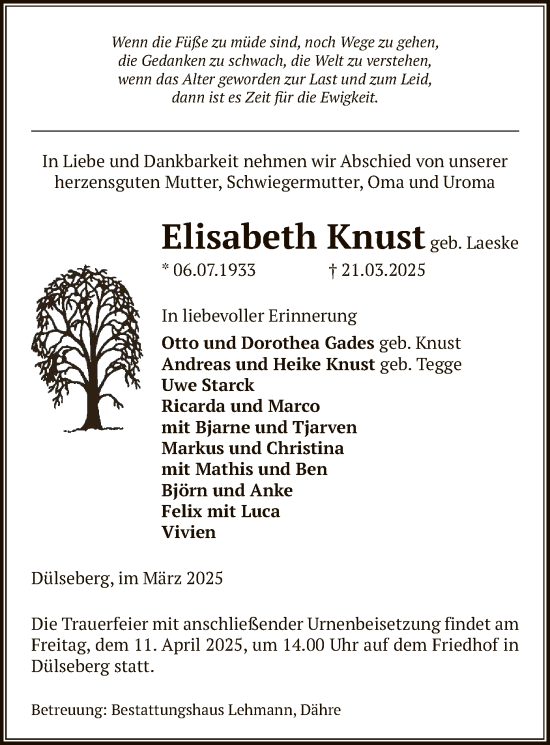 Todesanzeige von Elisabeth Knust von UEL