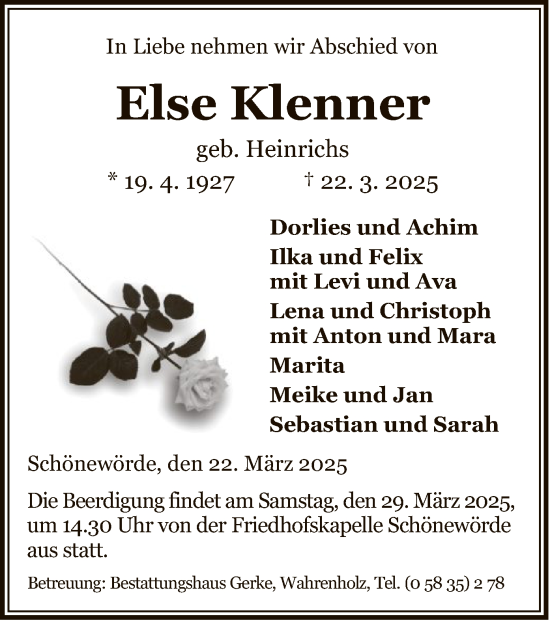 Todesanzeige von Else Klenner von UEL