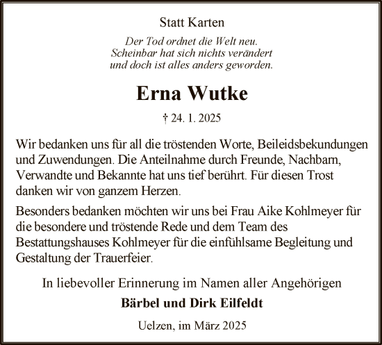 Todesanzeige von Erna Wutke von UEL