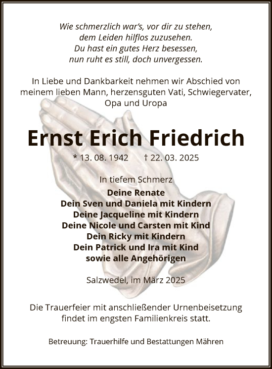 Todesanzeige von Ernst Erich Friedrich von UEL