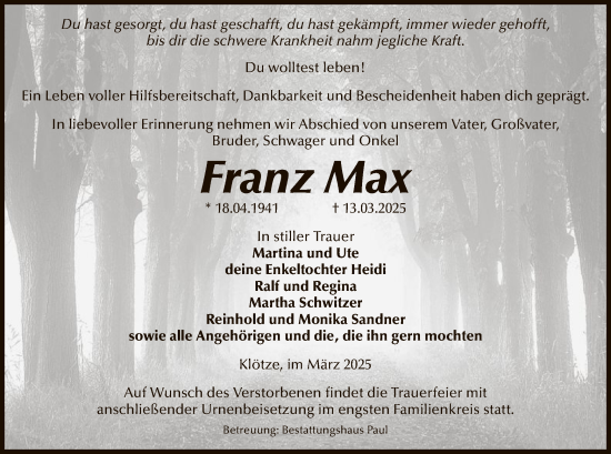Todesanzeige von Franz Max von UEL