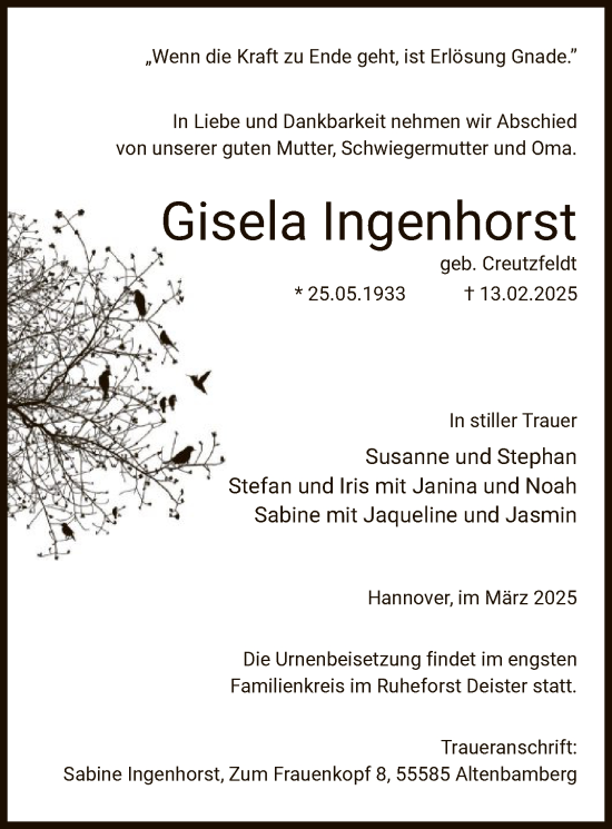 Todesanzeige von Gisela Ingenhorst von UEL