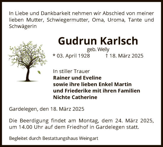 Todesanzeige von Gudrun Karlsch von UEL