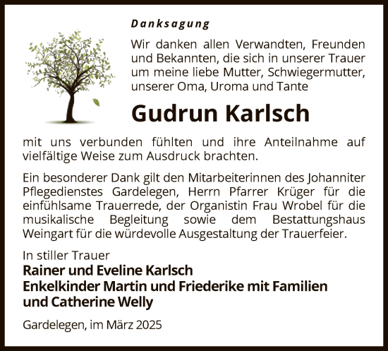 Todesanzeige von Gudrun Karlsch von UEL