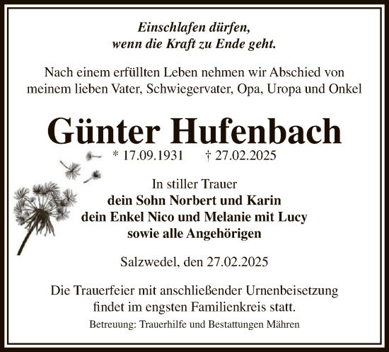 Todesanzeige von Günter Hufenbach von UEL