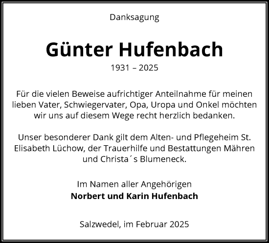 Todesanzeige von Günter Hufenbach von UEL