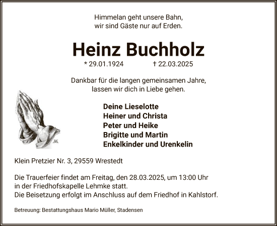 Todesanzeige von Heinz Buchholz von UEL
