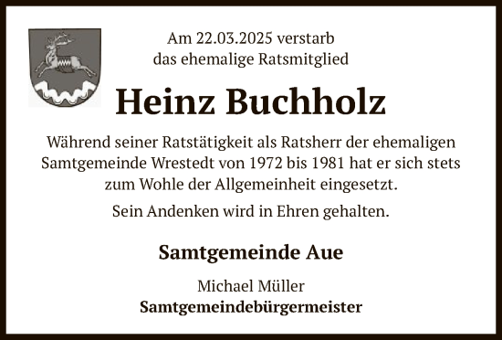 Todesanzeige von Heinz Buchholz von UEL