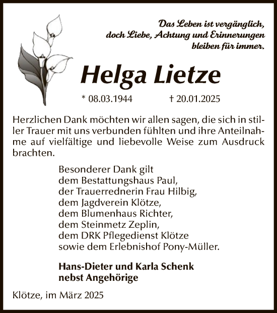 Todesanzeige von Helga Lietze von UEL