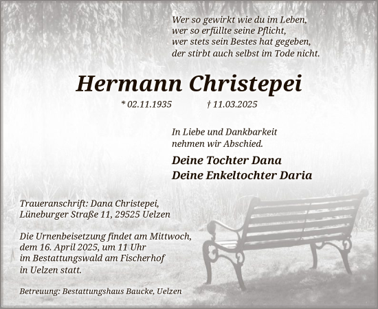 Todesanzeige von Hermann Christepei von UEL