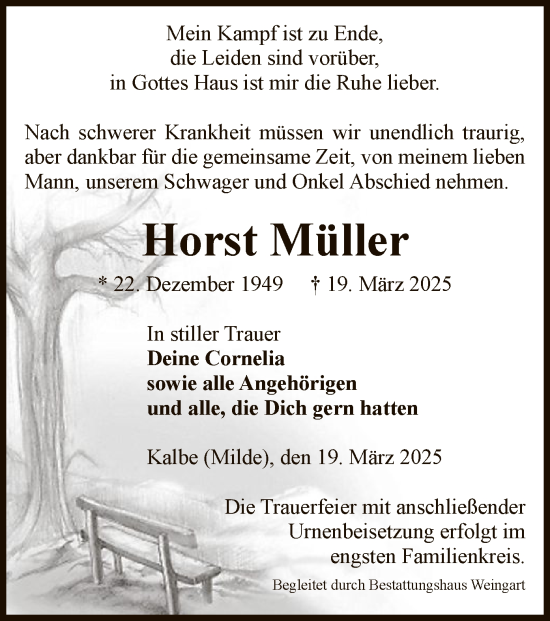 Todesanzeige von Horst Müller von UEL