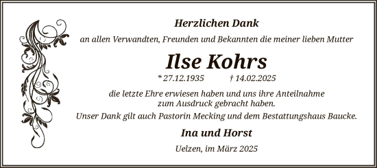 Todesanzeige von Ilse Kohrs von UEL