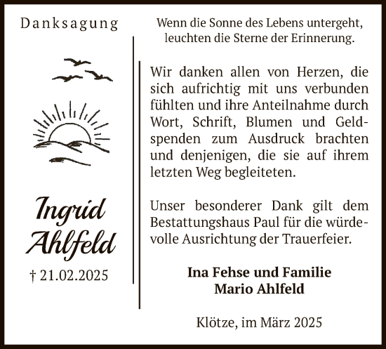 Todesanzeige von Ingrid Ahlfeld von UEL