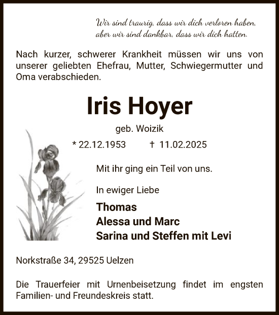 Todesanzeige von Iris Hoyer von UEL
