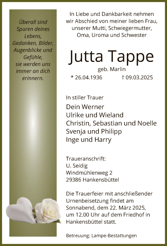 Todesanzeige von Jutta Tappe von UEL