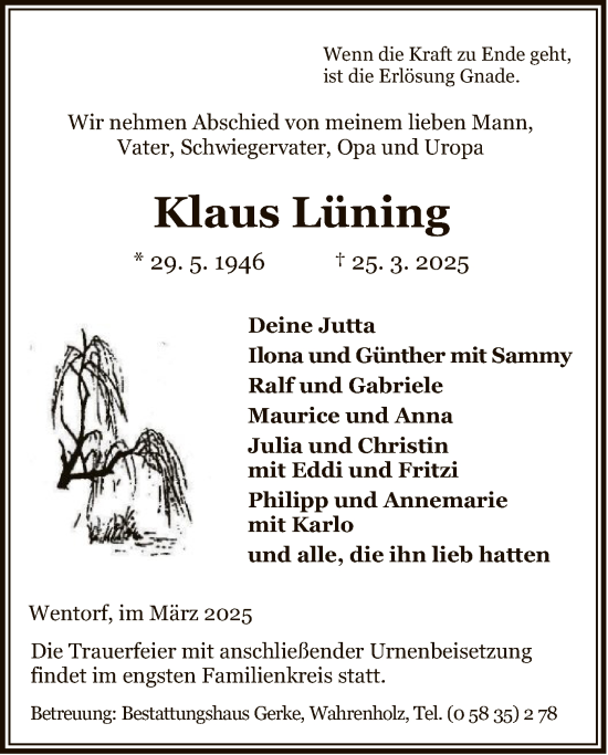 Todesanzeige von Klaus Lüning von UEL