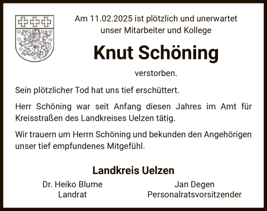 Todesanzeige von Knut Schöning von UEL