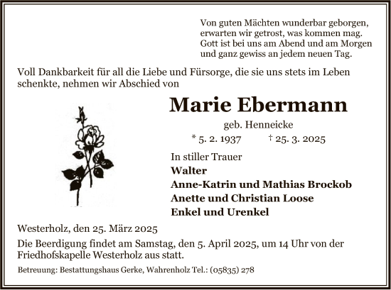 Todesanzeige von Marie Ebermann von UEL