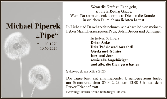 Todesanzeige von Michael Piperek von UEL