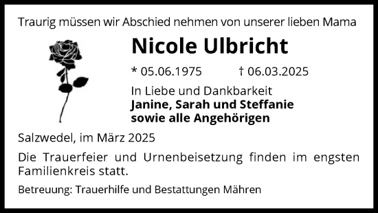 Todesanzeige von Nicole Ulbricht von UEL