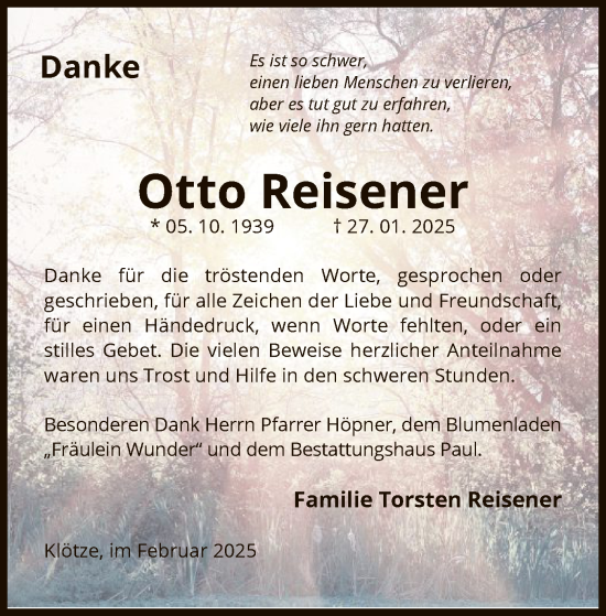 Todesanzeige von Otto Reisener von UEL