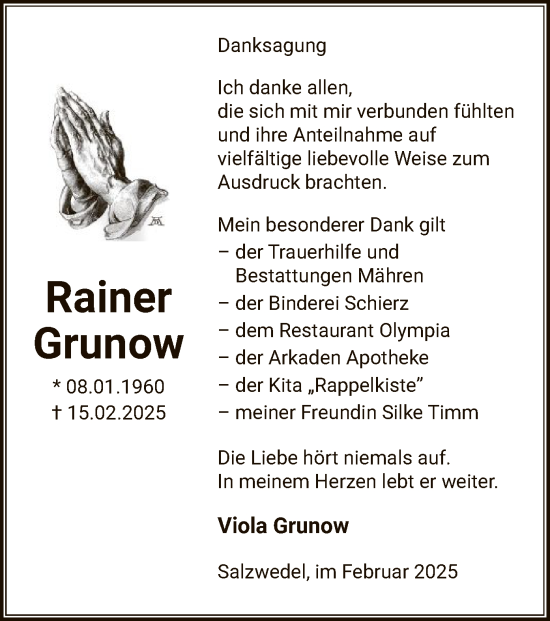 Todesanzeige von Rainer Grunow von UEL