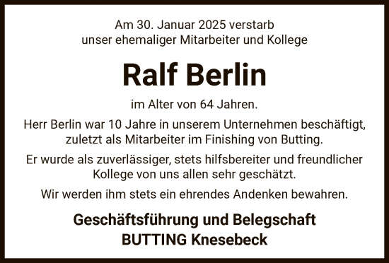 Todesanzeige von Ralf Berlin von UEL