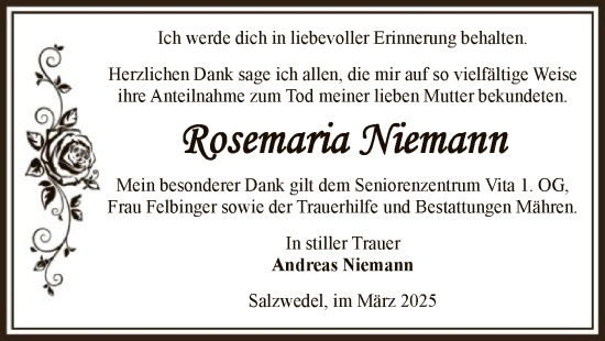 Todesanzeige von Rosemaria Niemann von UEL