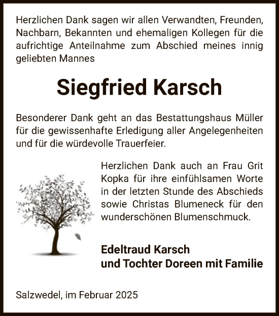 Todesanzeige von Siegfried Karsch von UEL