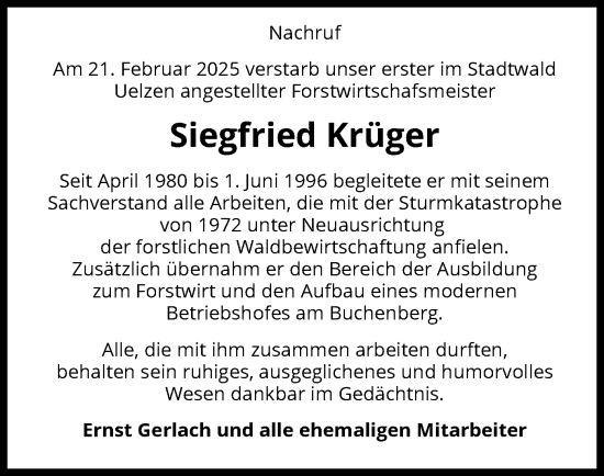 Todesanzeige von Siegfried Krüger von UEL