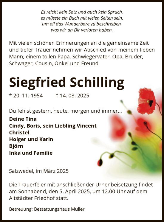 Todesanzeige von Siegfried Schilling von UEL