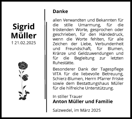 Todesanzeige von Sigrid Müller von UEL