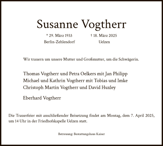 Todesanzeige von Susanne Vogtherr von UEL