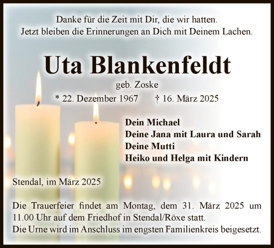 Todesanzeige von Uta Blankenfeldt von UEL