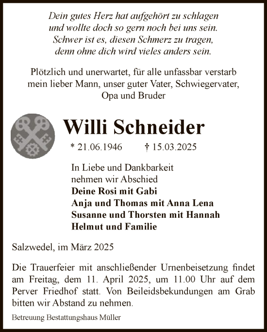 Todesanzeige von Willi Schneider von UEL