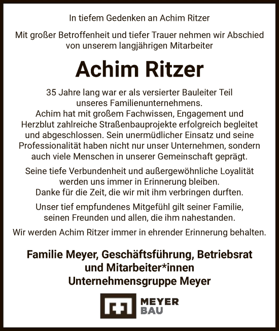 Todesanzeige von Achim Ritzer von UEL
