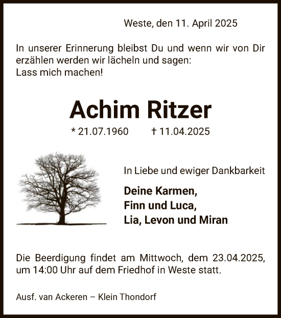 Todesanzeige von Achim Ritzer von UEL