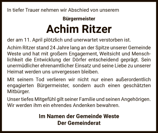 Todesanzeige von Achim Ritzer von UEL