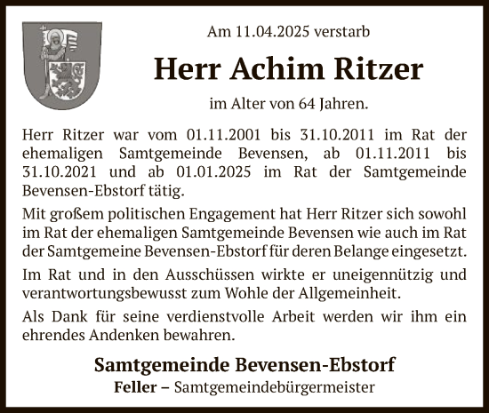 Todesanzeige von Achim Ritzer von UEL